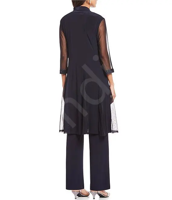 Dark Purple Elegant Outfit with Sheer Sleeves Embellished Cuffs Matching Trousers 3 Pieces Pantsuits Mothers of the Bride Dress