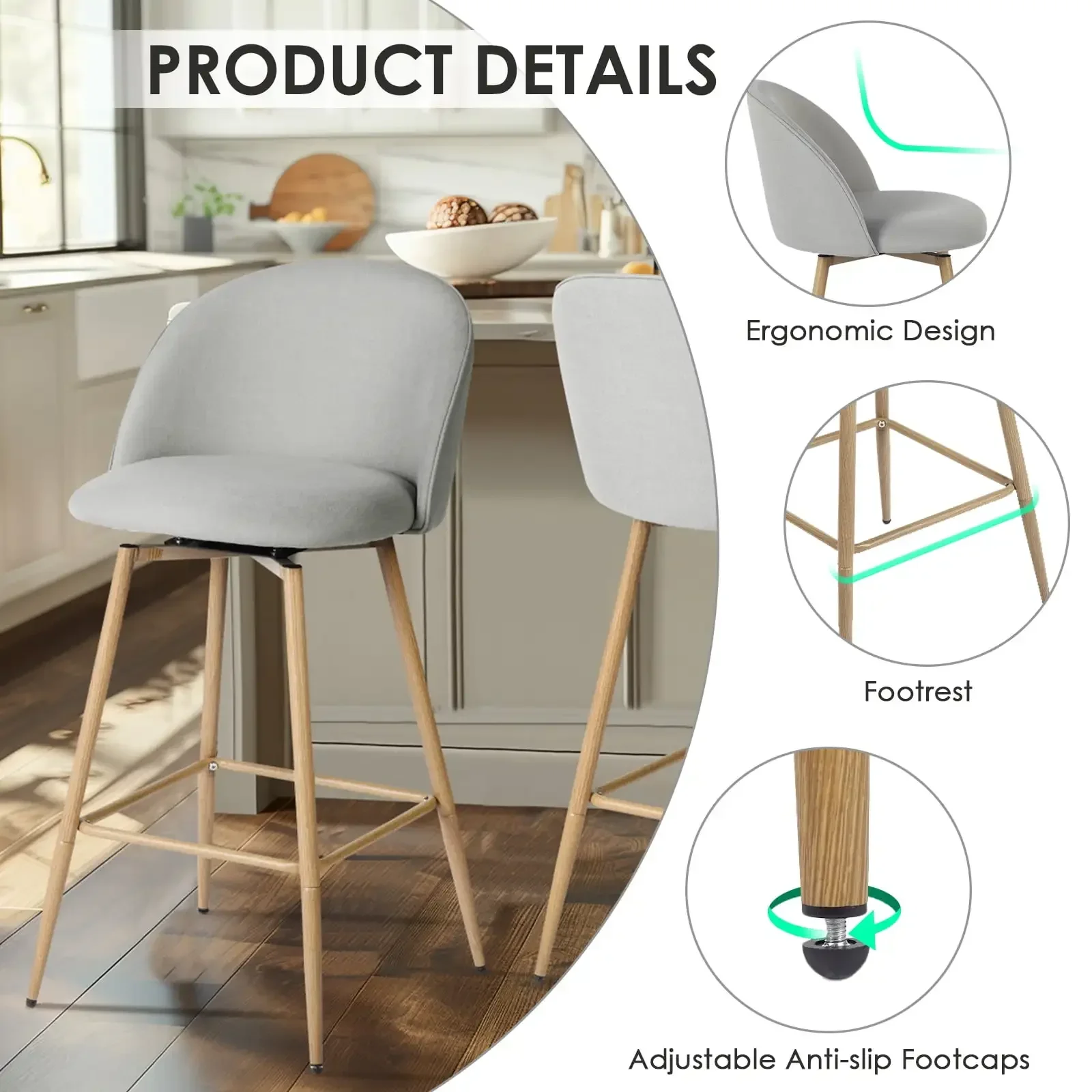 26" Counter Height Bar Stools Set of 2, Swivel Stools for Kitchen Island, Grey