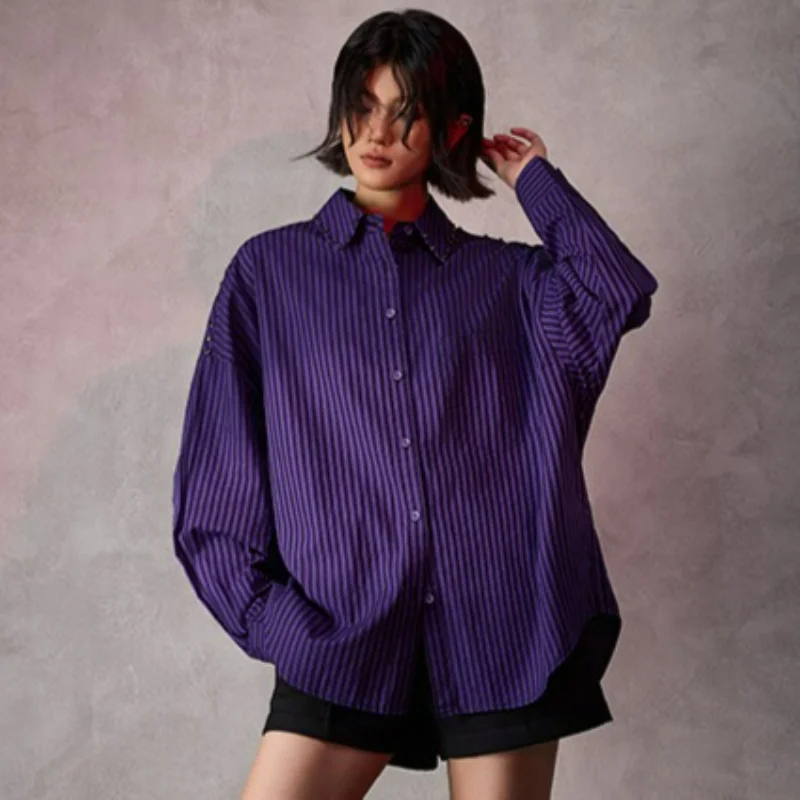 Women Vertical Striped Shirts Autumn Gradient Tide Brand Loose Design Rivet Mid-length Blouse Cotton Fashion Tops Long-sleeved