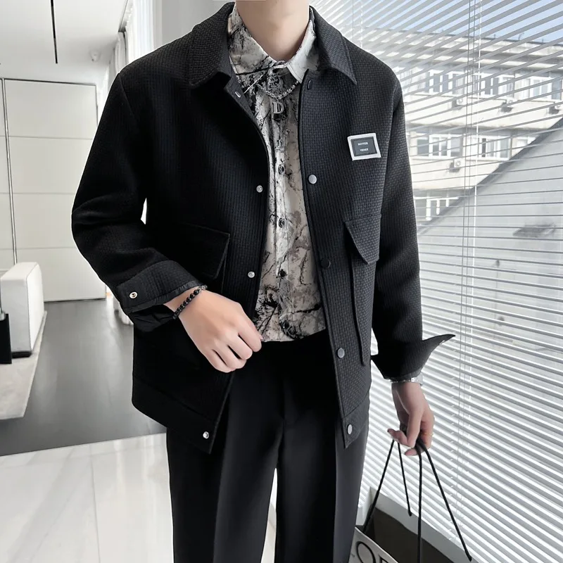 

2024 Autumn Waffle Outdoor Turndown Collar Jackets Men's Trendy Pocket Design Wide-waisted Casual Coats Tops Social Streetwear