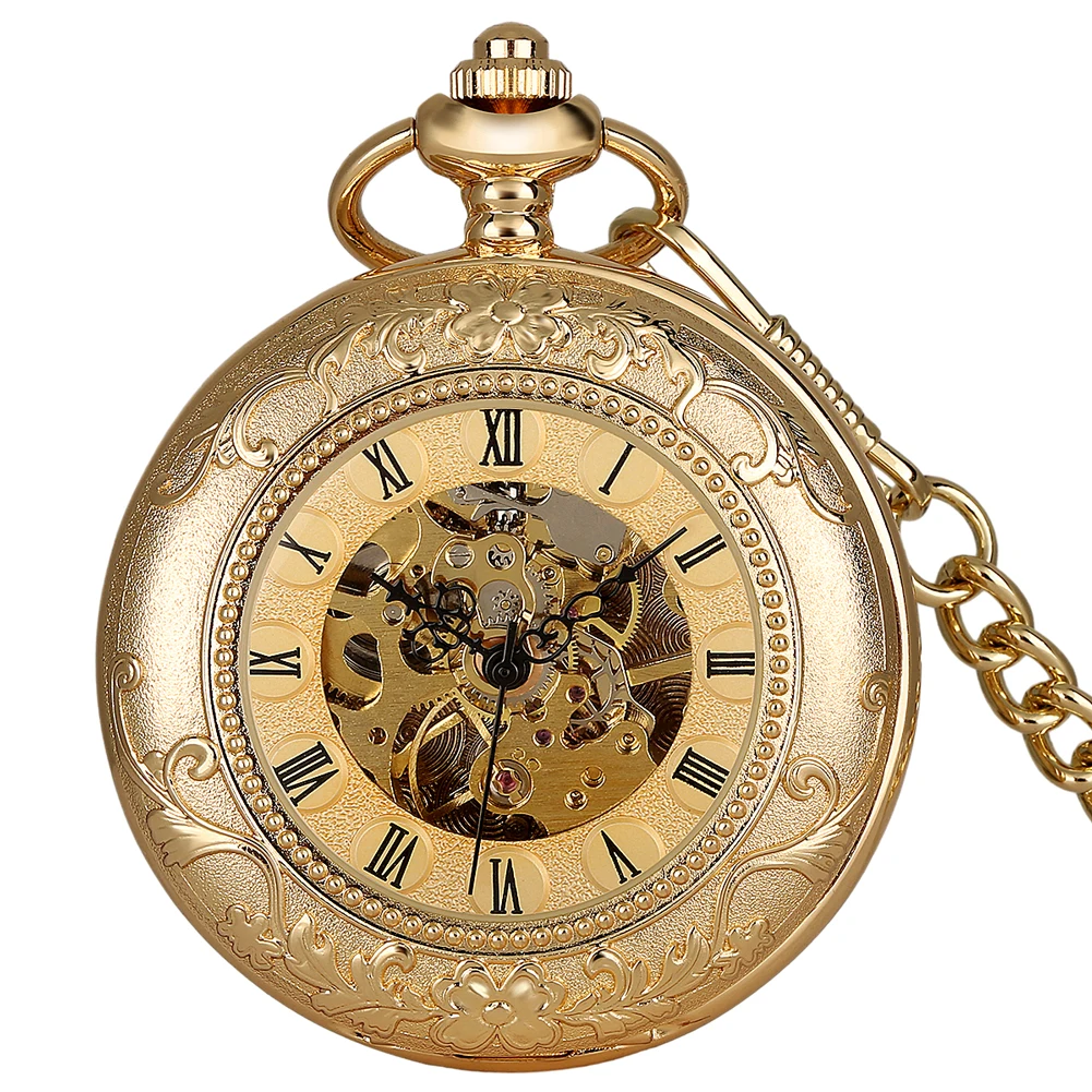 

Golden Elegant Mechanical Pocket Watch Gift Men Roman Numerals Dial Antique Style Pendant Pocket Chain Pocket Clock Male