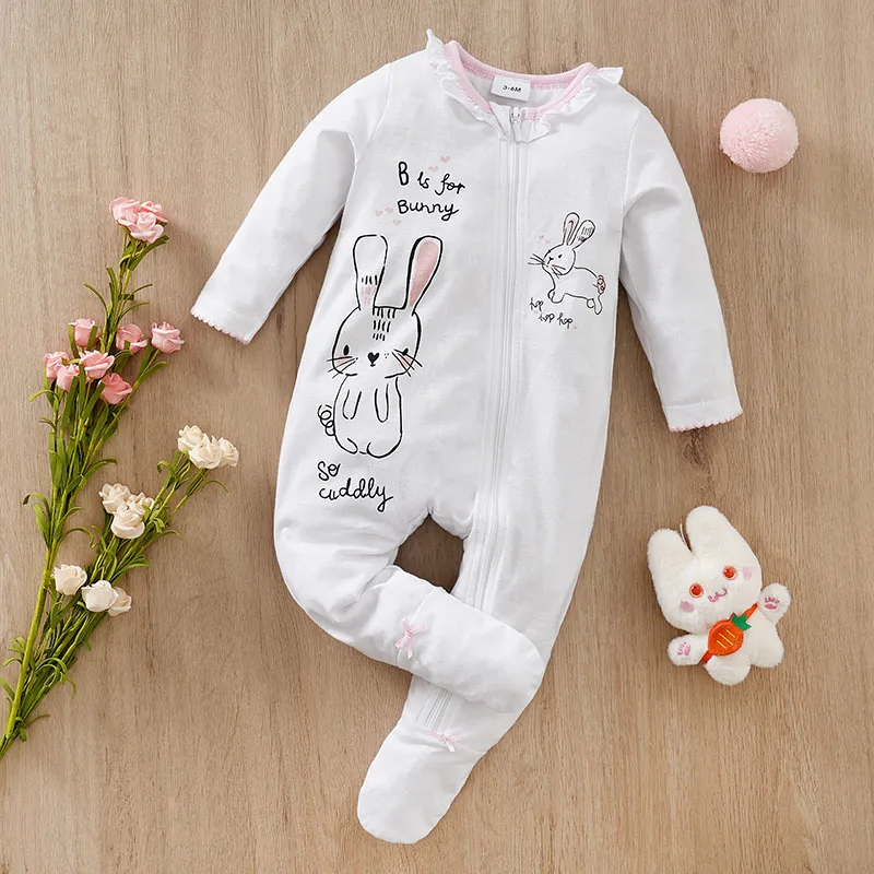 Infant\'s White rabbit Print 0-18 months Bodysuit Spring and Autumn Comfy Long Sleeve Onesie, Baby Boy\'s Clothing, As Gift