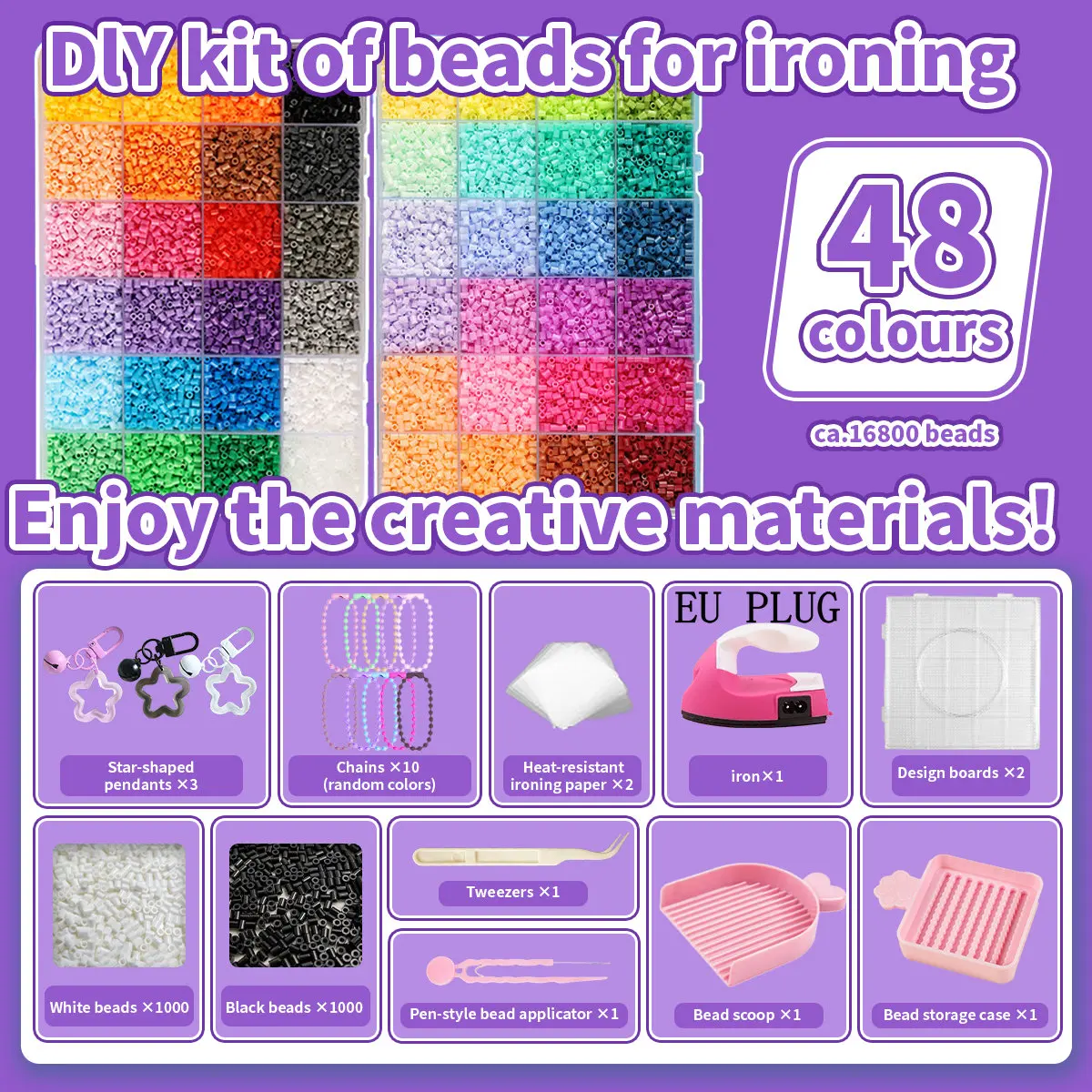 2,6mm Bügelperlen-Set 144 Farben All-in-One Mini-Perlen-Set mit Steckplatten, Mini-Bügeleisen, Pinzette Pixel-Art DIY Bastelset für Erwachsene