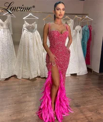 Feather Fuchsia Prom Dress Mermaid Long Party Dresses Beaded Crystals Celebrity Dress Arabic Women Evening Gowns With High Split