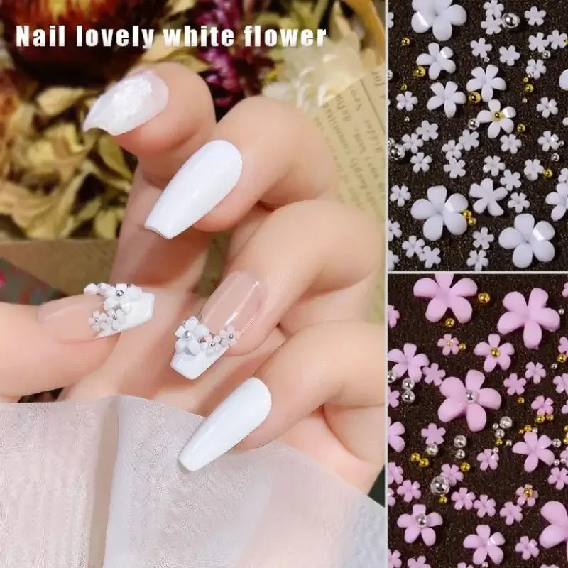 Resin Five-Petal Flower Small   Three-dimensional Gold /Silver Nail Art Decals Decoration Steel Ball Design