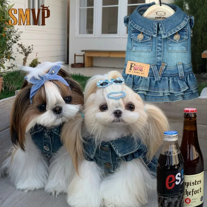 

Spring and Summer Soft and Breathable Cotton Denim Vest Cake Dress Retro Exquisite Cute Style Pet Kitten Puppy Dress