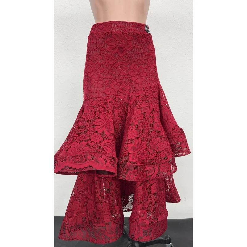 Kostium do tańca nowoczesnego dwuwarstwowa czerwona koronkowa spódnica standardowy strój do tańca towarzyskiego dla kobiet AMY2041