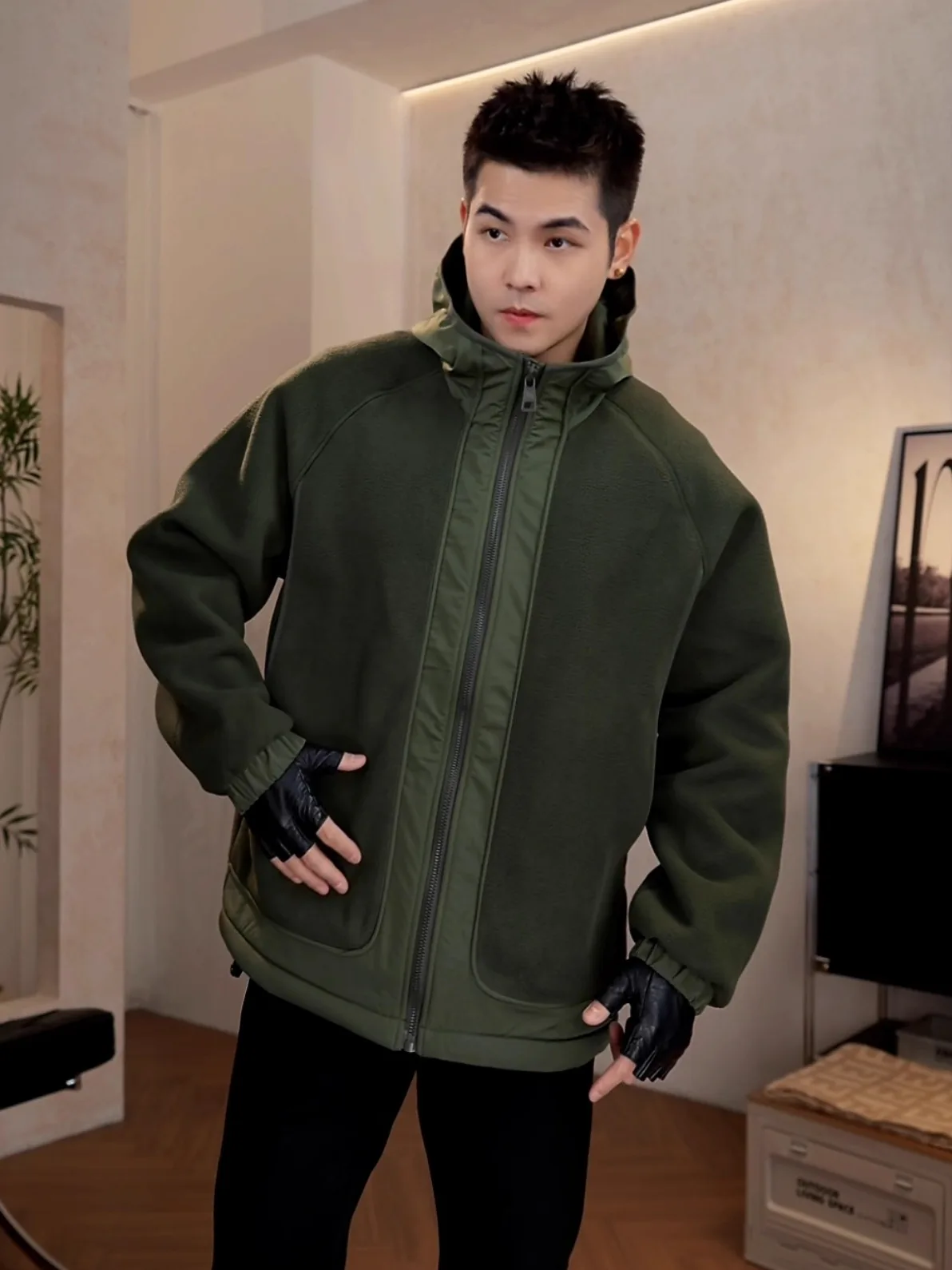 

Мужская двусторонняя флисовая утепленная куртка с капюшоном, зимняя теплая повседневная куртка из полиэстера с комбинированным дизайном, длинными рукавами и молнией