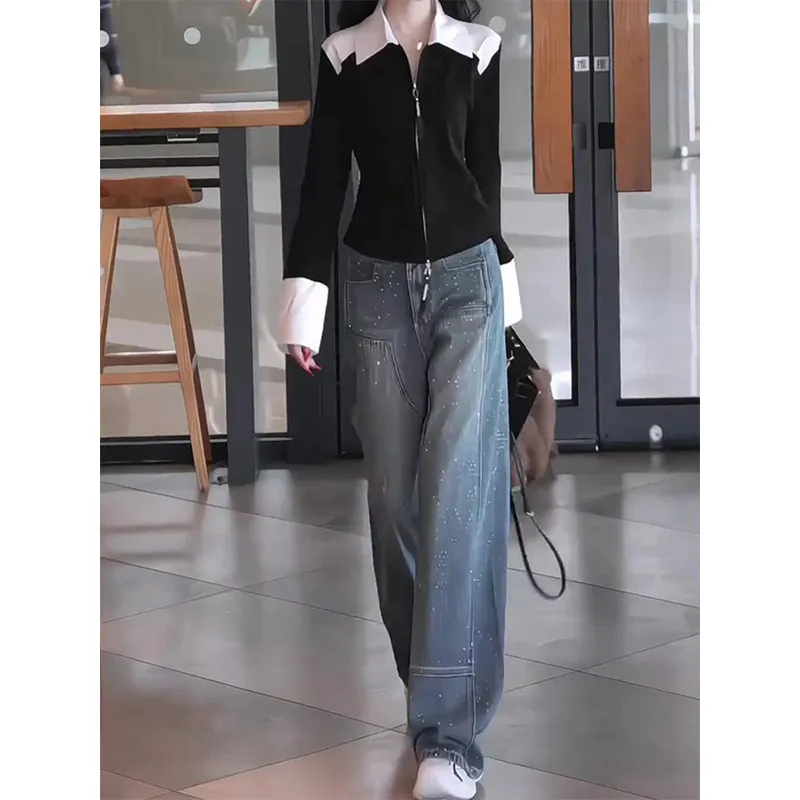 

Glittering Women's Jeans Spring Autumn 2026 New Faion Design Bend Knife Wide Leg Pants High Waist No Stretch