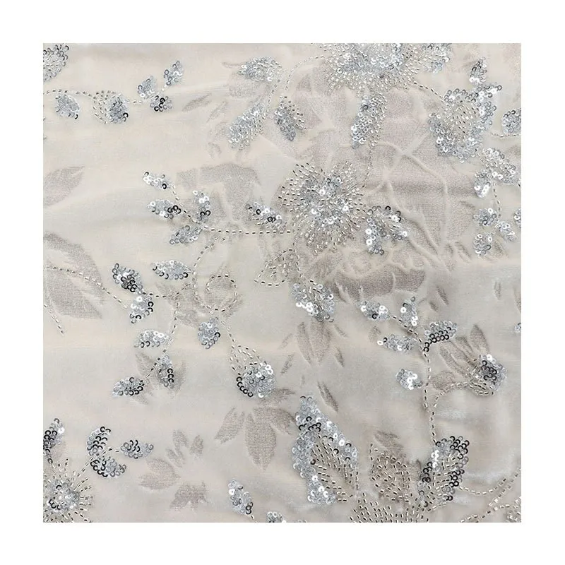 Silver three-dimensional beaded tubes embroidered gold lines woven fabric sequined wedding dress evening women's