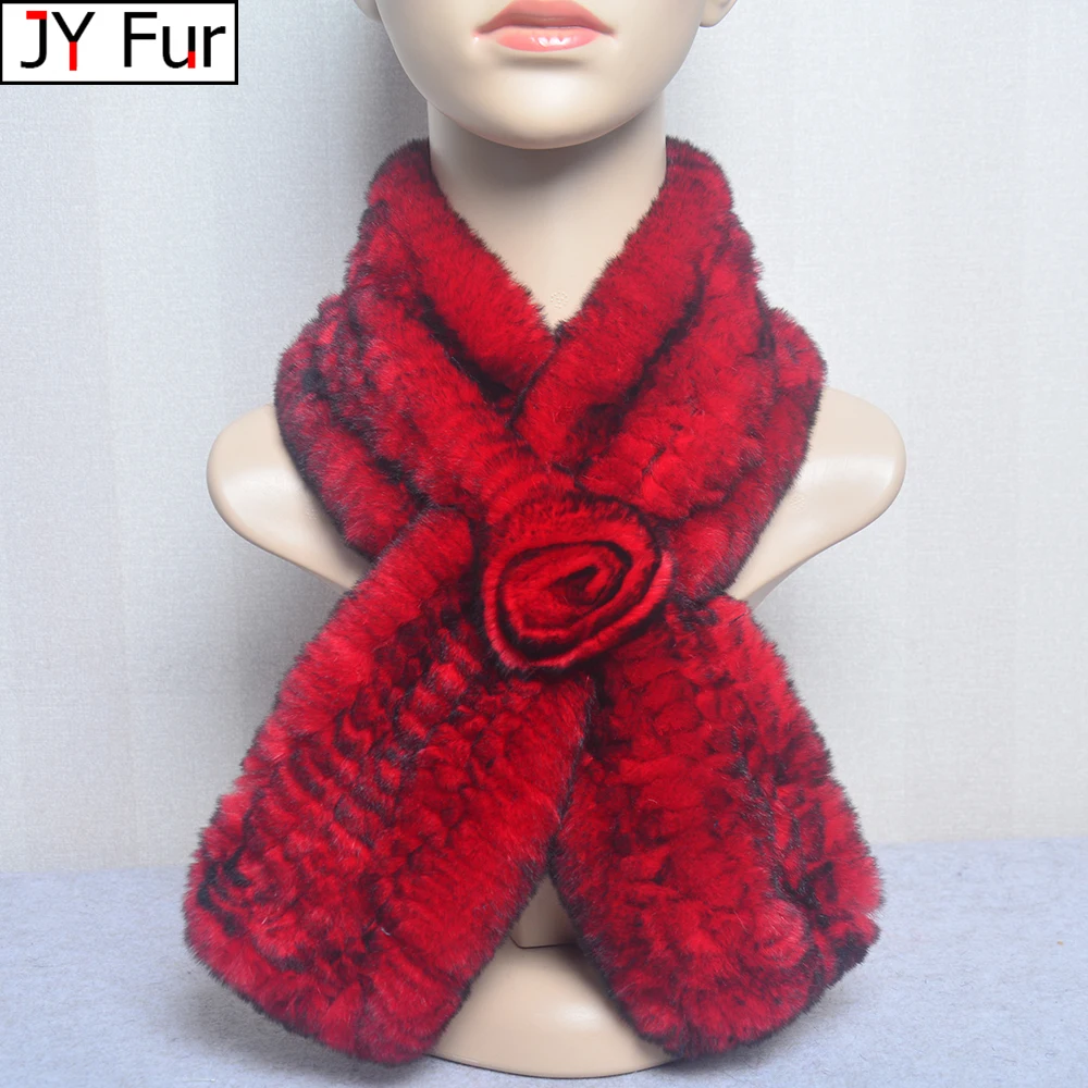 New Russian Women Knit Real Rex Rabbit Fur Scarf Lady Fashion Floral Rex Rabbit Fur Mufflers Hot Winter Warm Natural Fur Scarves