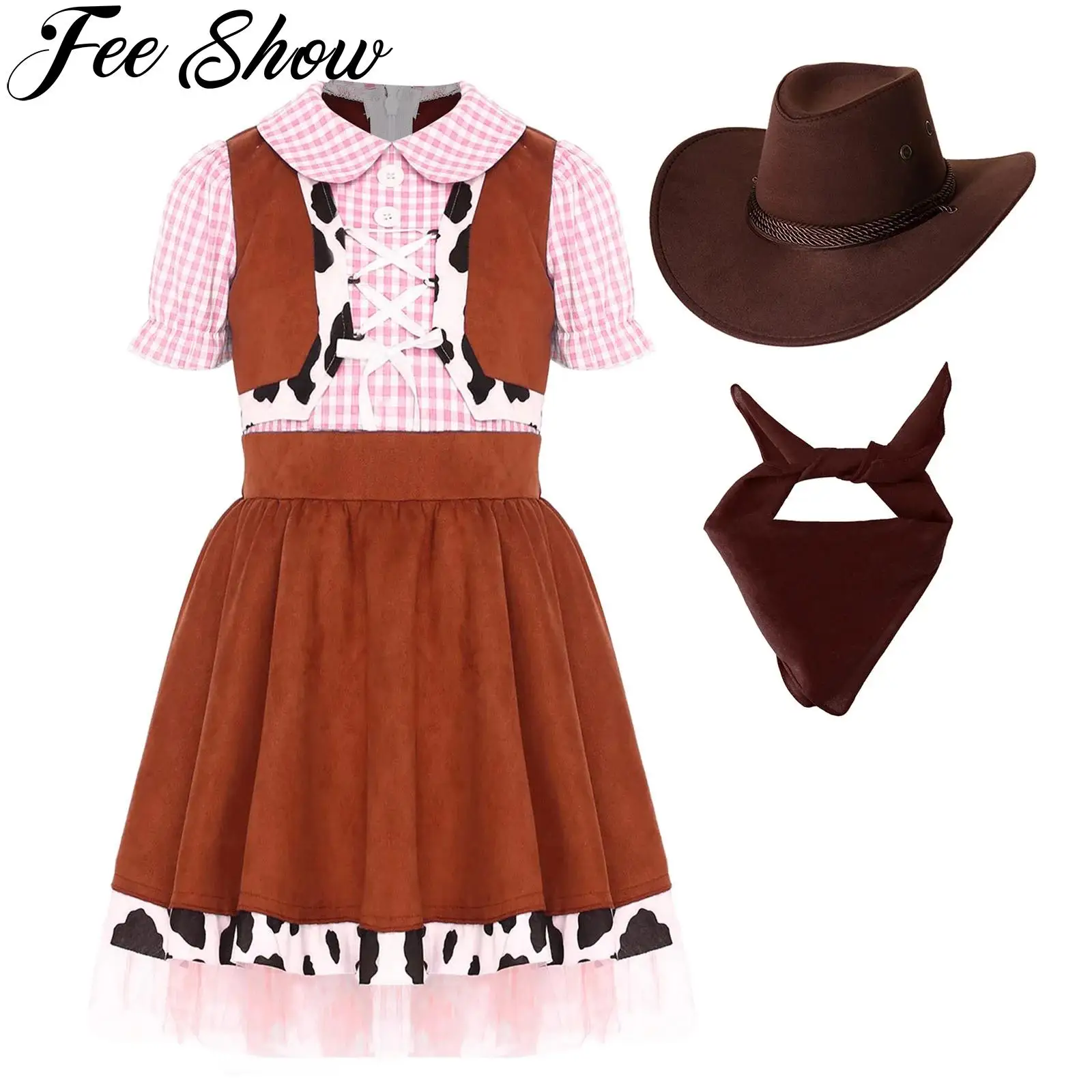 

Girls Western Cowboy Cosplay Costume Halloween Party Cowgirl Outfit Puff Sleeve Cow Print Gingham A-line Dress with Bandana Hat