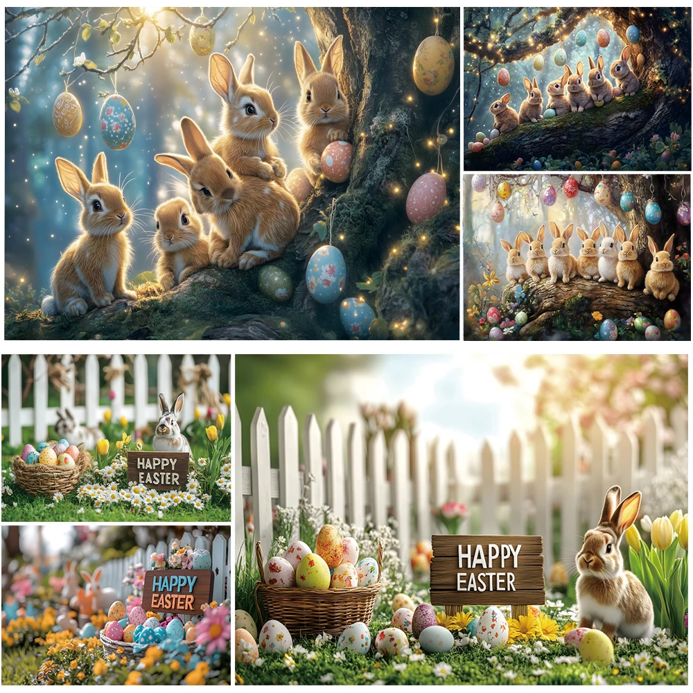 

Spring Easter Backdrop For Photography Forest Bunny Easter Eggs Baby Shower Kids Portrait Decor Background Photo Studio Props