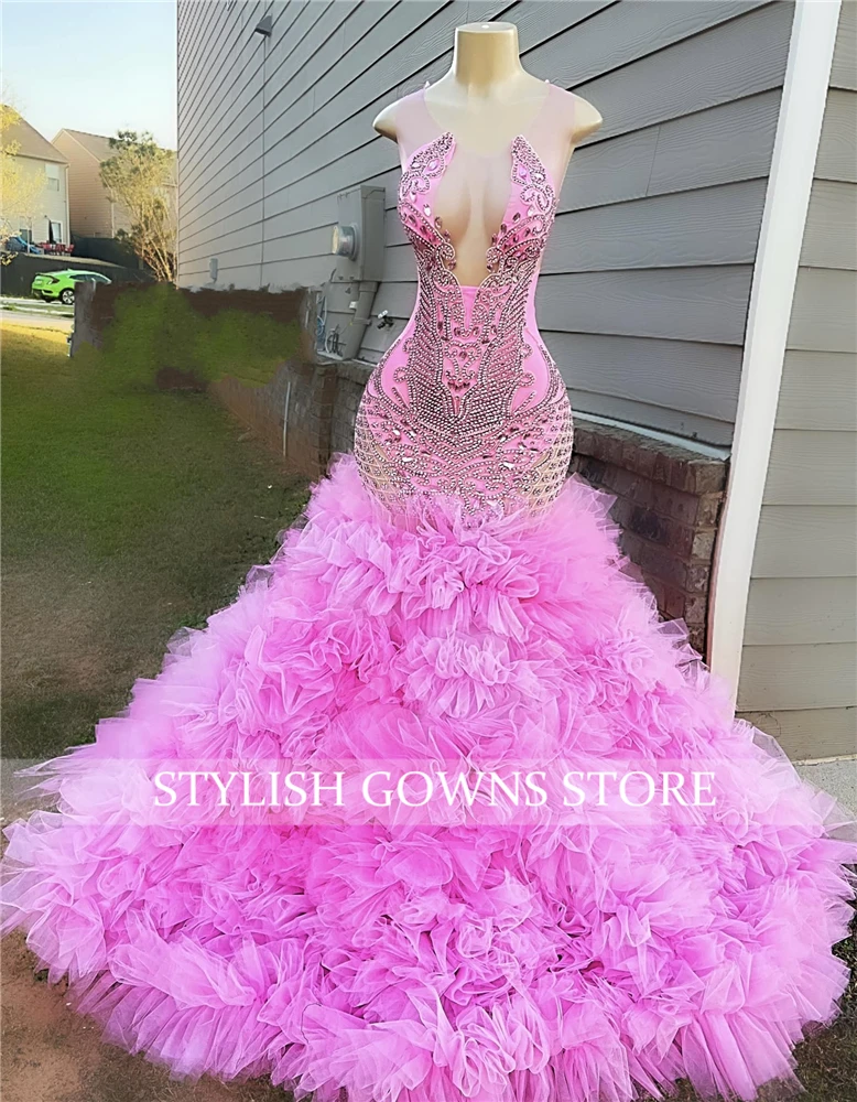 Sparkly Pink O Neck Long Prom Dress Black Girls Birthday Party Dresses Beaded Ruffles Evening Gowns Crystal Gown Customized