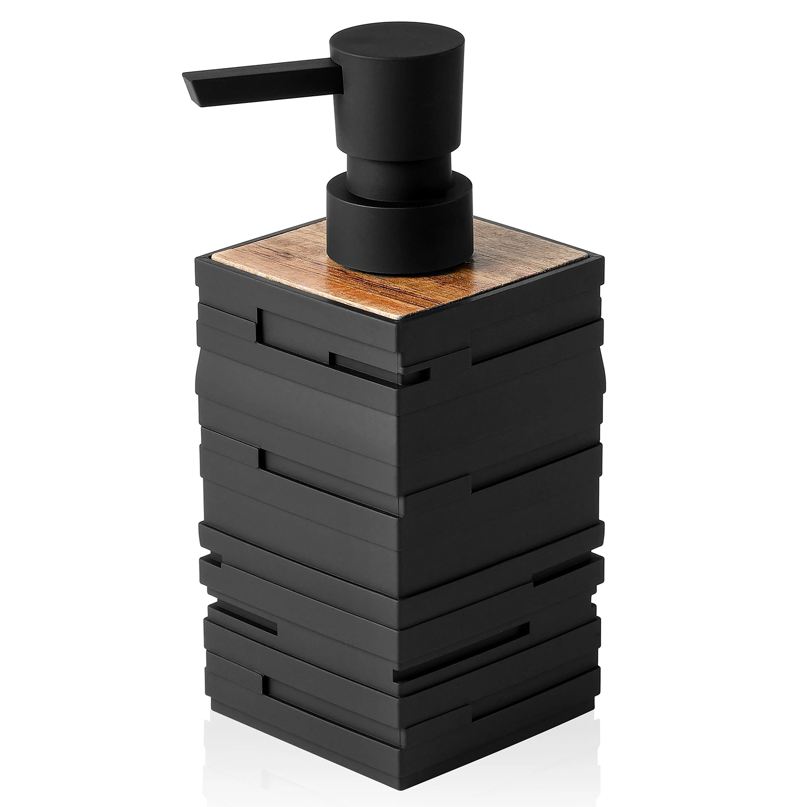 Matte Black with Teak Wood Decoration Soap Dispenser for Bathroom Kitchen Countertop Square Large Capacity 10 oz