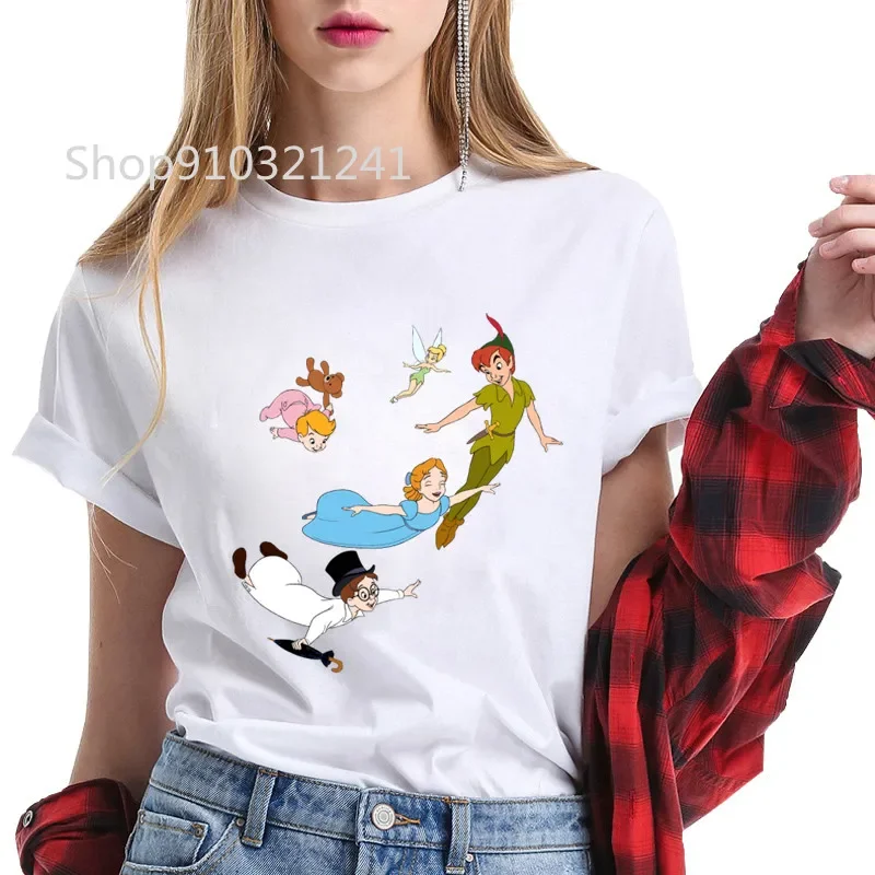 Peter Pan Women T Shirt Cute Tinkerbell Fairy O-Neck Short Sleeve Casual Cartoon Tshirt Tee Lady Girls Female Femmes Tops