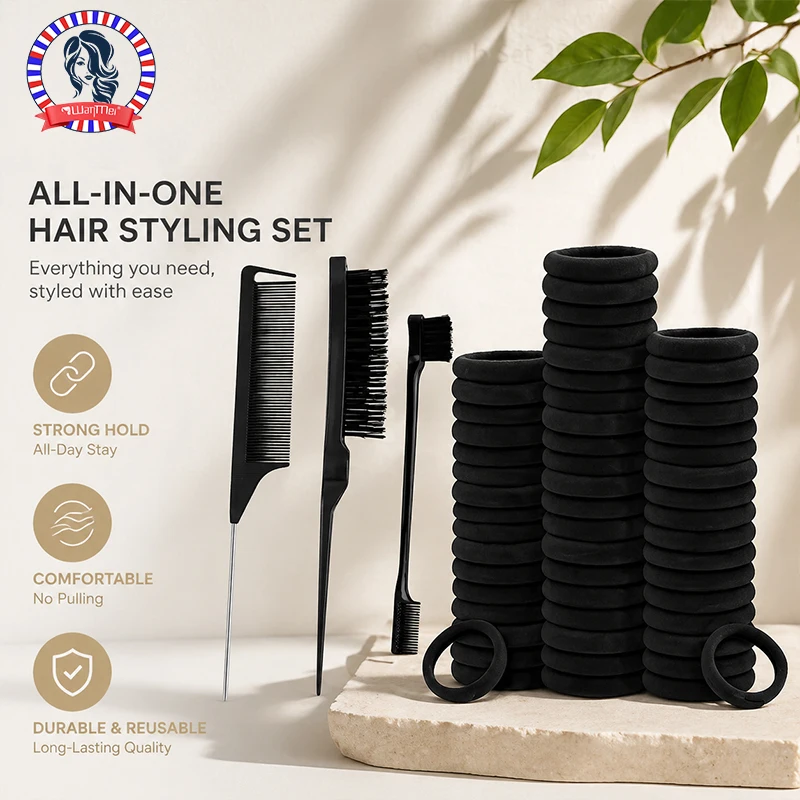 53Pcs All-in-One Hair Styling Kit, Rat Tail Comb, Teasing Brush, Edge Brush with 50Pcs Hair Ties, Strong Hold Hairdressing Tool