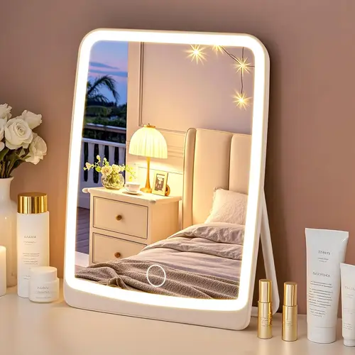 Espejo de maquillaje recargable compacto LED con iluminación de 3 colores, pantalla táctil regulable, espejo cosmético iluminado para viajes y mesa