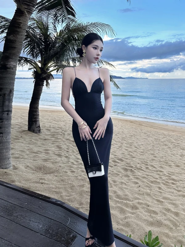 

Bla Strapl V-Ne Dr Sexy ow Figure Pure Desire Bal Waist Cinched Bodycon Beach Vaion Long Dr