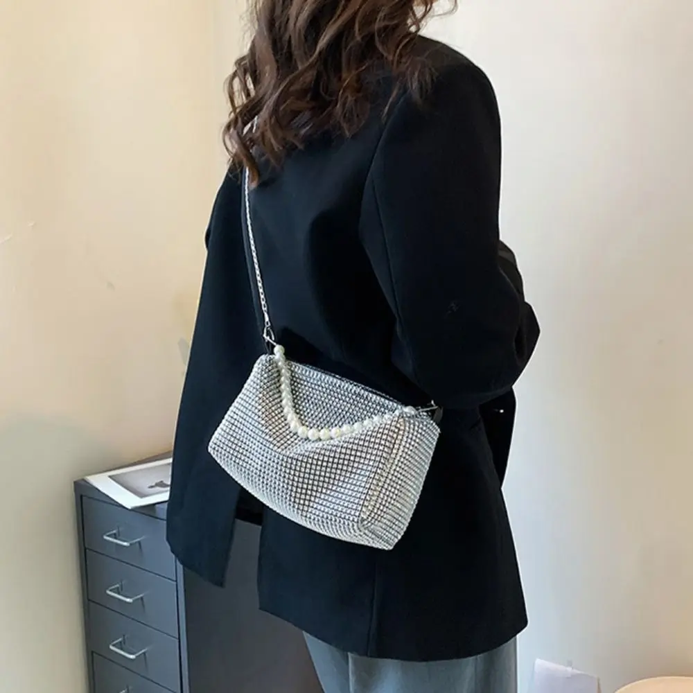 Large Capacity Rhinestone Handbag Shoulder Pouch Pearl Chain Small Square Bag Cosmetic Bag Pillow Bag Women Shoulder Bag Ladies