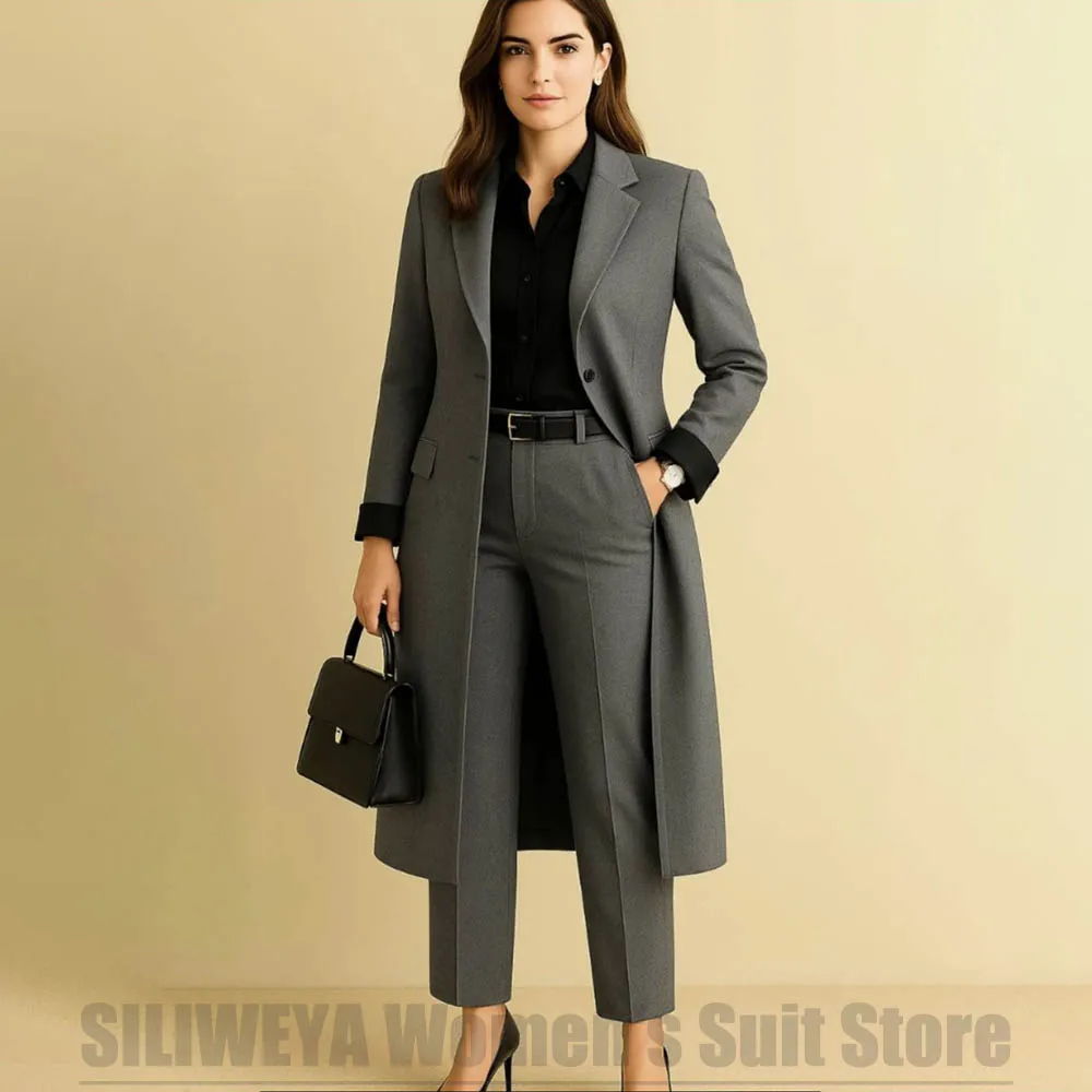 

Women's Grey Two Piece Suit Set Longline Blazer Coat and Pants Elegant Formal Business Casual Outfit for Office Wedding Party