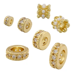 1/2/3Pcs lot,Round Beads For Bracelets Cubic Zirconia Single Line Stone Spacer Beads Brass Pearl Flower Beads Jewelry:VZ394