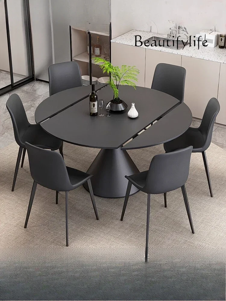 N40 Rotatable retractable dining table black rock slab  minimalist light luxury square round dining table and chair combination