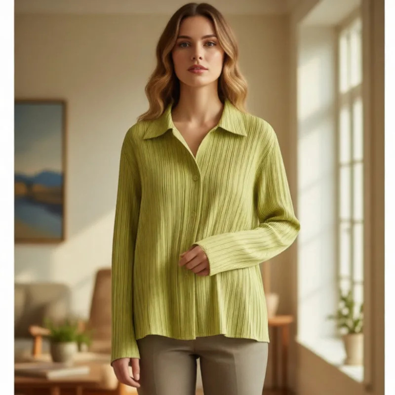 Miyake Japan Plissee-Shirt für Damen, 2026, neues Revers, einreihig, einfarbig, langärmelig, vielseitige Oberteile, Außenjacke, Kleidung