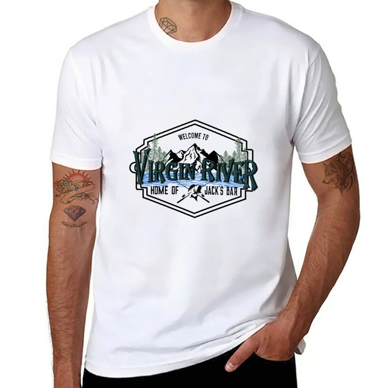 New welcome to virgin river home of jacks's bar T-Shirt black t shirt tops mens clothes