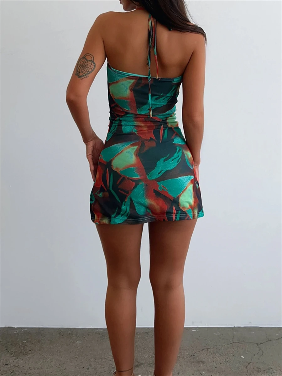 wsevypo Abstract Print Halterneck Party Mini Dress Summer 2023 Sleeveless Backless Low Cut Cutout Bandage Bodycon Dress Clubwear