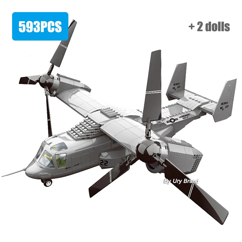 Military Helicopter Plane Army US V-22 Osprey Tiltrotor Transport Aircraft Set DIY 3D Expert Model Building Blocks Toys for Boys