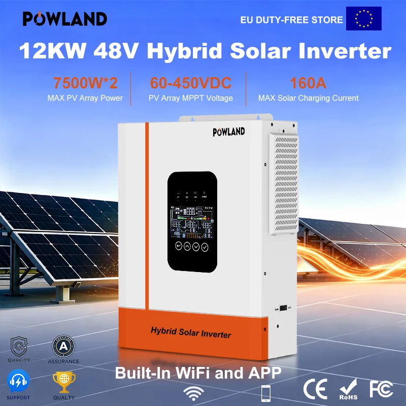 POWLAND 12000W 48V Solar Hybride Omvormer Zuivere Sinusgolf 230V Netgekoppeld/Off-Grid Apparaat Met Dubbele MPPT En 160A PV-Lader Voor Fotovoltaïsche Panelen