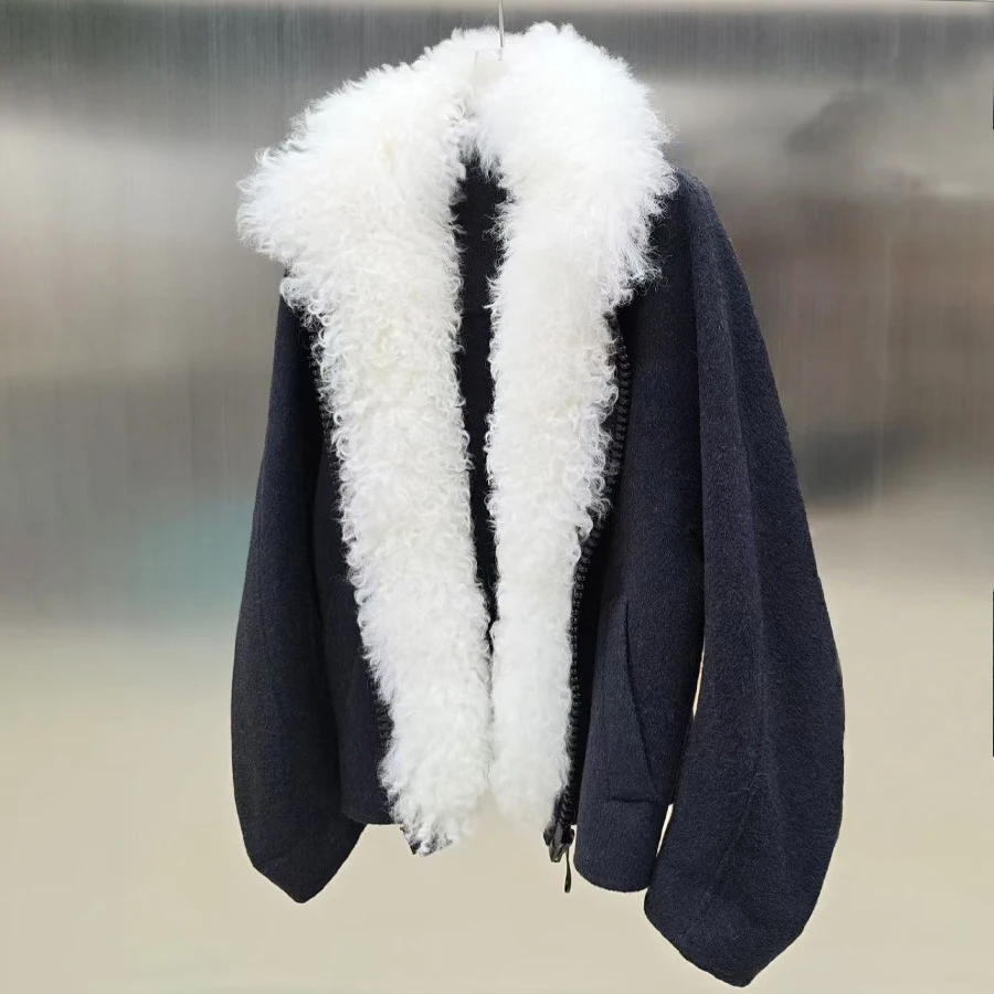 معطف شتوي دافئ من الصوف مع ياقة من فرو الضأن معطف فرو حقيقي الأكثر مبيعًا سترة فاخرة