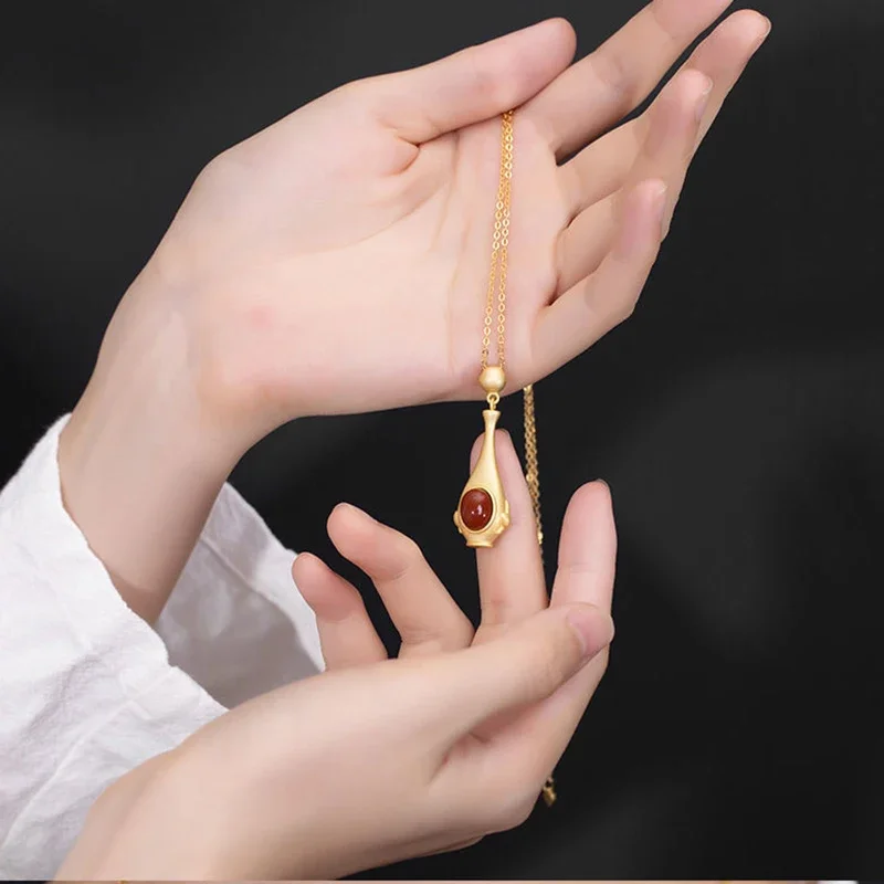 Original inlaid natural jasper wishing bottle ladies necklace vintage ancient gold craftsmanship Chinese style silver jewelry