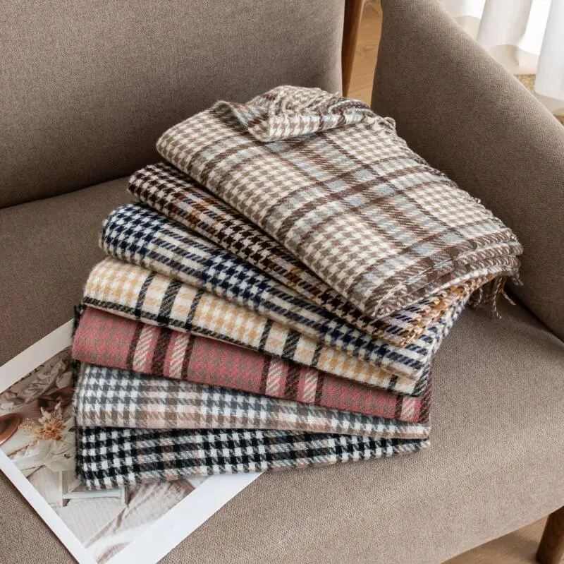 Vintage Houndstooth Scarf Women Winter Warm Imitation Cashmere Tassel Shawl Large Size Plaid Neck Wrap Fashion Ladies Stole