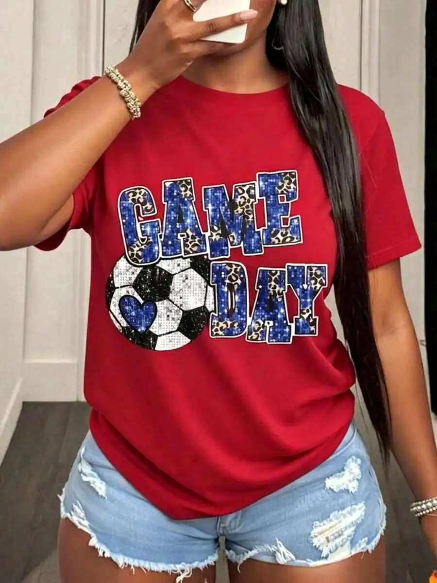 Short Sleeve Tee For Women Game Day Soccer Fan Heart Detail Print Casual Sports Events Team Support T‑Shirt Top