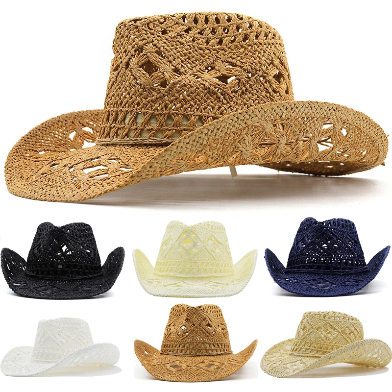 

New Hollow Western Cowboy Hat Hand-woven Breathable Wide-brimmed Straw Hat Fashion Jazz Hat Summer Sun Protection Cap