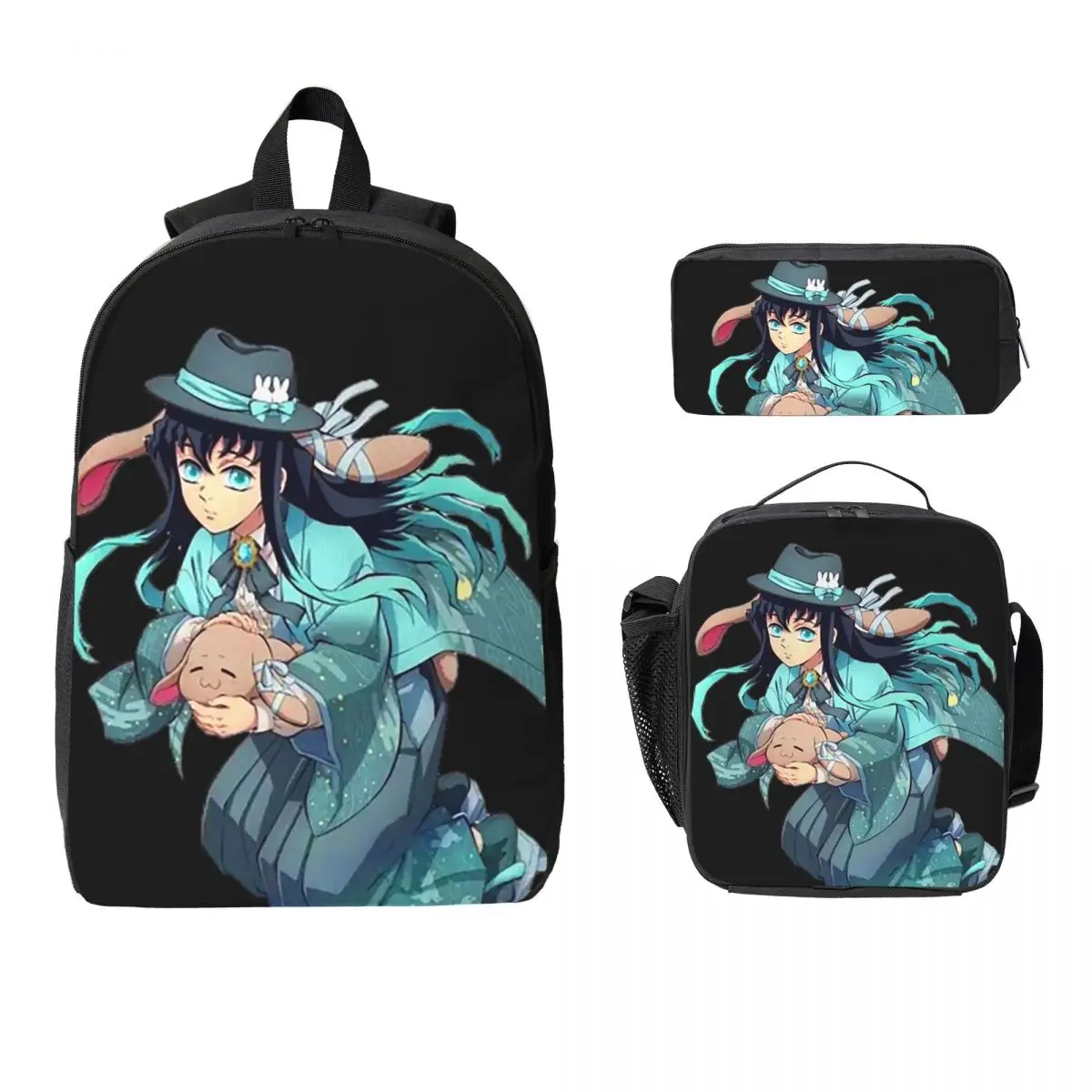 

Muichiro And Bunny Backpack Student Boys Girls BookBag School Bag Laptop Shoulder Bags 3ps Insulated Lunch Bag Pencil Case