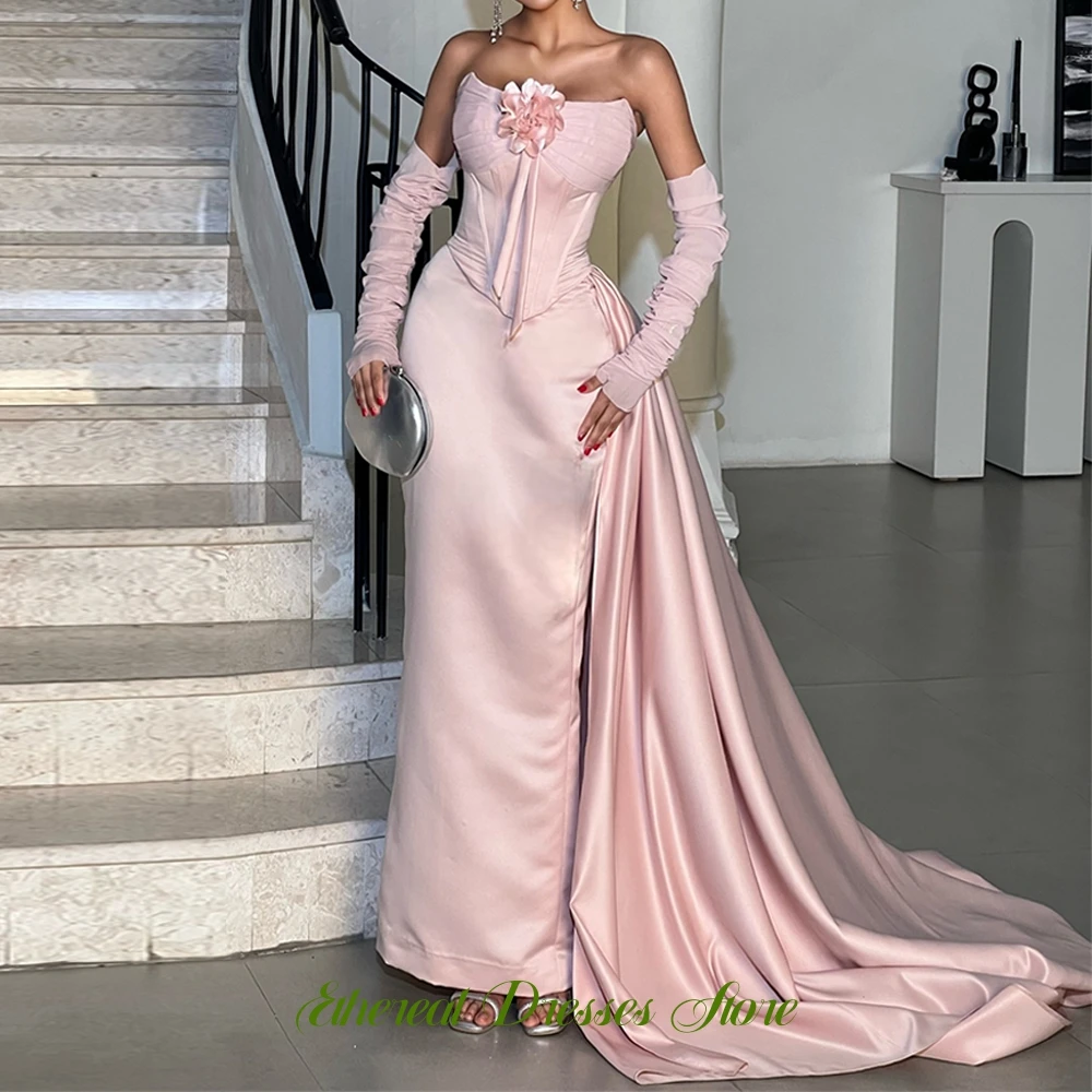 Vestido de noche sin tirantes de lujo, exquisito tren capilla, vestidos de fiesta de satén, flores delicadas, vestidos personalizados para ocasiones especiales