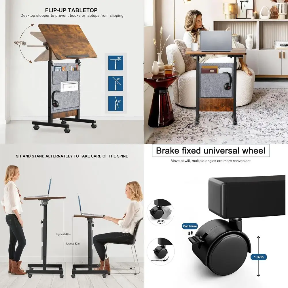 

Portable Rolling Standing Desk with Storage, 16W x 24L, 360° Swivel, Mobile Laptop Table, Rustic Brown