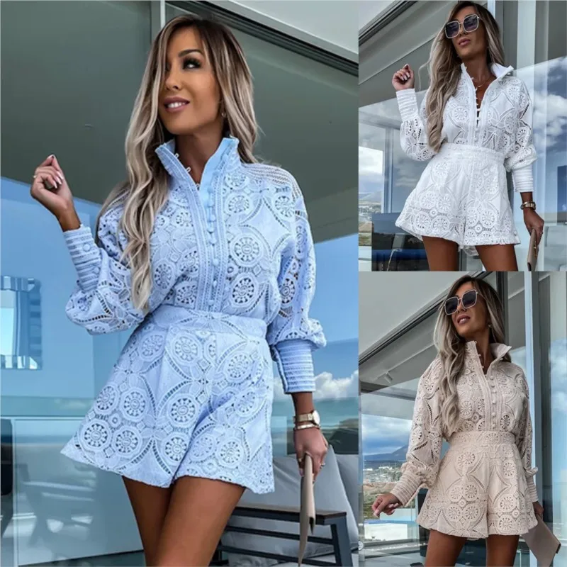 

Spring Elegant Women's White Single Breasted Stand Up Collar Long Sleeved Lace Hollow Out Shirt High Waisted Shorts 2-piece Set