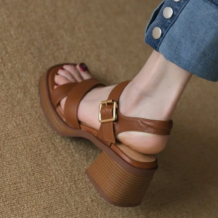 Summer Real Soft Leather Thick Heel Vintage Brown Sandals Women\'s Cross One Line Strap High Heel Mary Jane Sandals