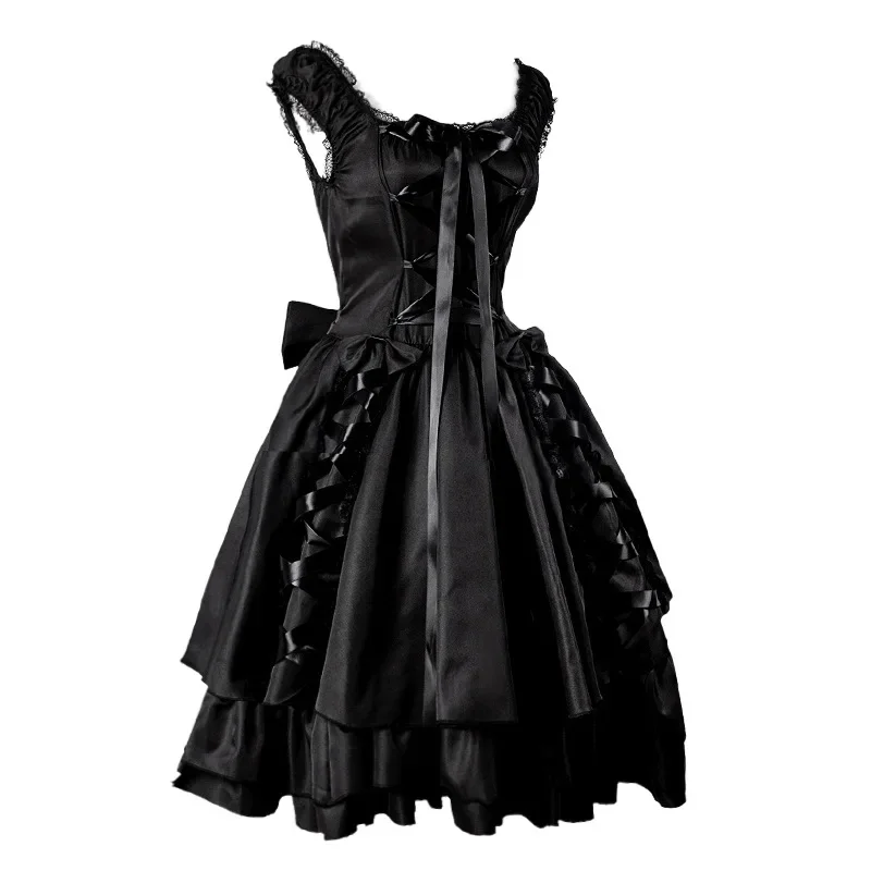 Black Retro Gothic Lace Up Maid Mesh Sawing Dress Medieval Vintage Y2K Sexy Outfits Halloween Carnival Party Costumes for Women