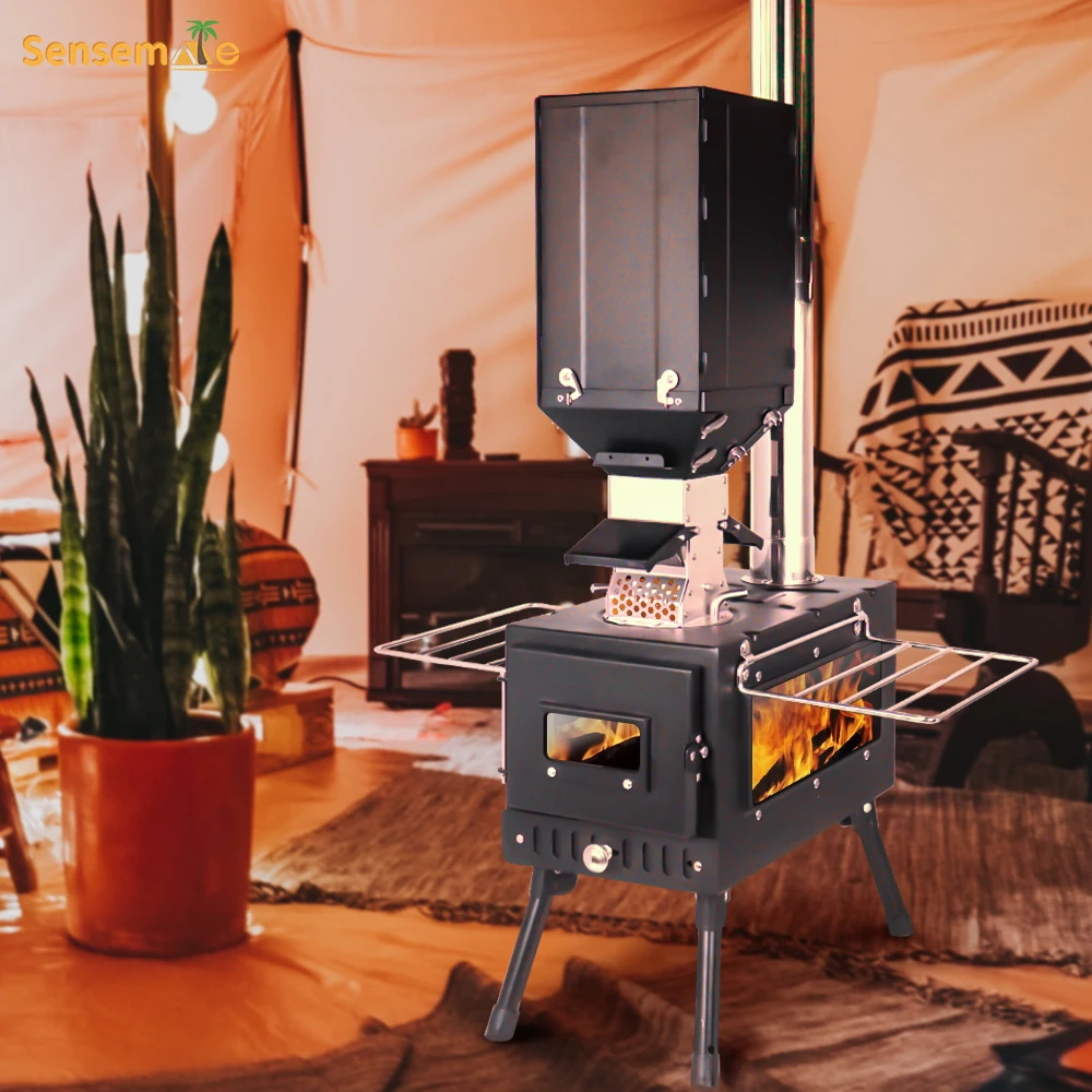 Newest Portable Windproof Outdoor Pellet Fire Wood Heater with Burner Stove Bin for Camping Tent