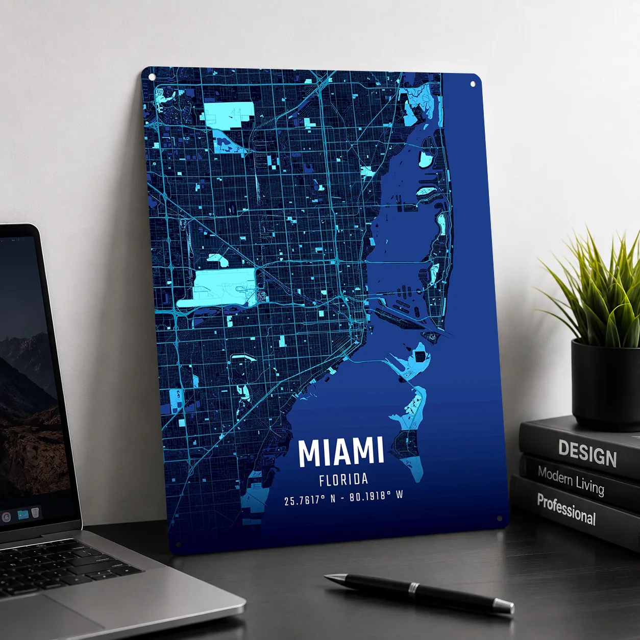 Miami Midnight City Map Poster Retro 3D Printed Metal Signs Customized Wall Hanging Gift for Bathroom Decor Room Art Mural House
