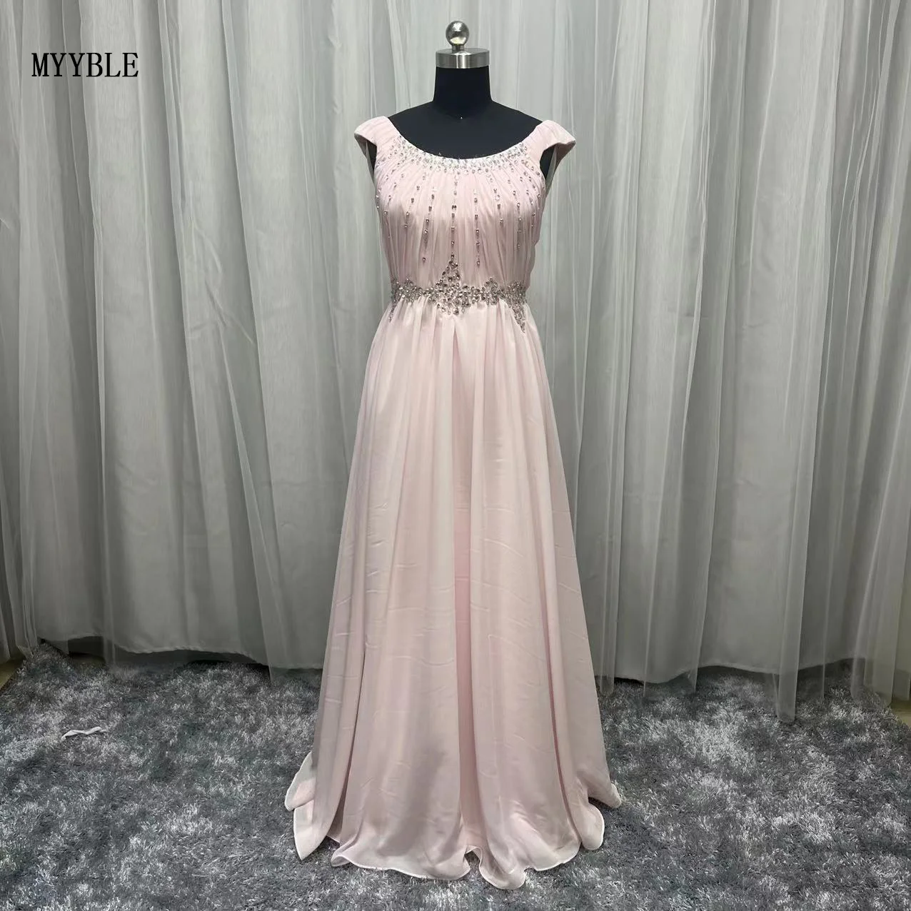 2022 Real Photo Light Pink Chiffon Prom Gown Floor Length Formal Evening Dresses Beaded Custom Made Party Dress