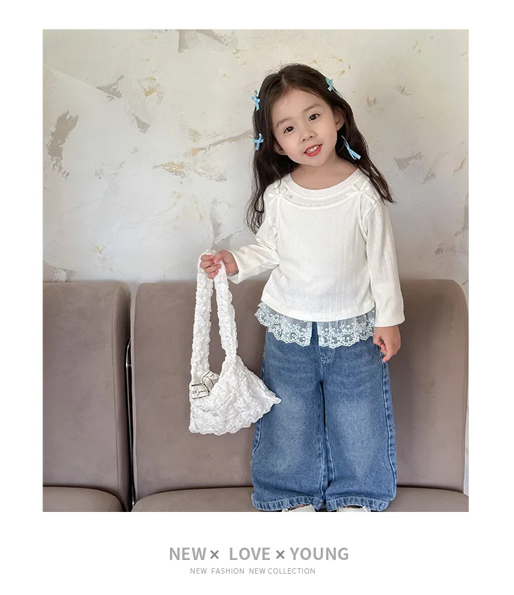 Baby Girls Pants Fashion Lace Loose Straight Jeans 2024 Autumn New Korean Style Childrens Wide Leg Pants