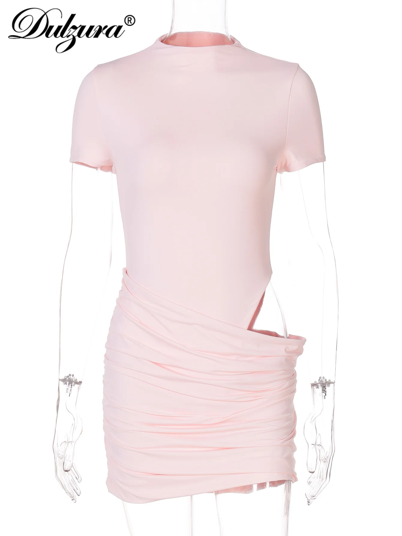 Dulzura col rond manches courtes coupe ajustée froncé découpé Mini robe femmes solide Sexy robe élégante fête Club rue vêtements d'été