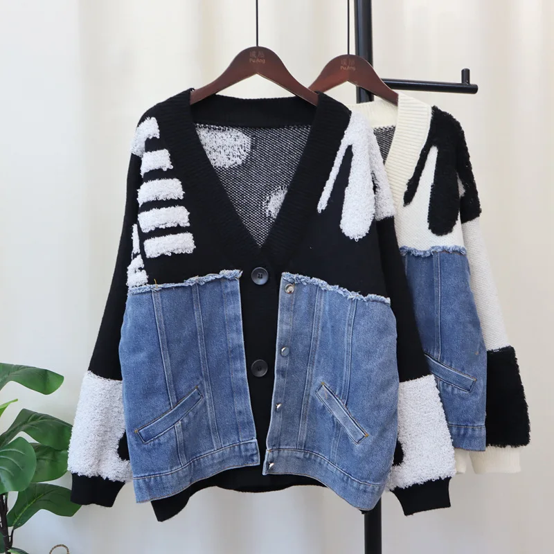 

Cardigan Sweaters Women Striped Knitted V Neck Denim Work Jumpers Y2k Streetwear Elegant Splice Open Stith Autumn Winter