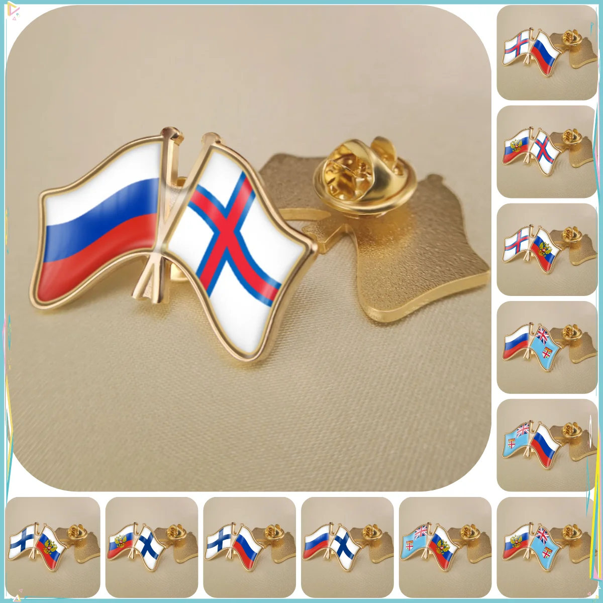 Russian Federation and Faroe Islands Fiji Finland Double Crossed Friendship Flags Brooches Lapel Pins Badges